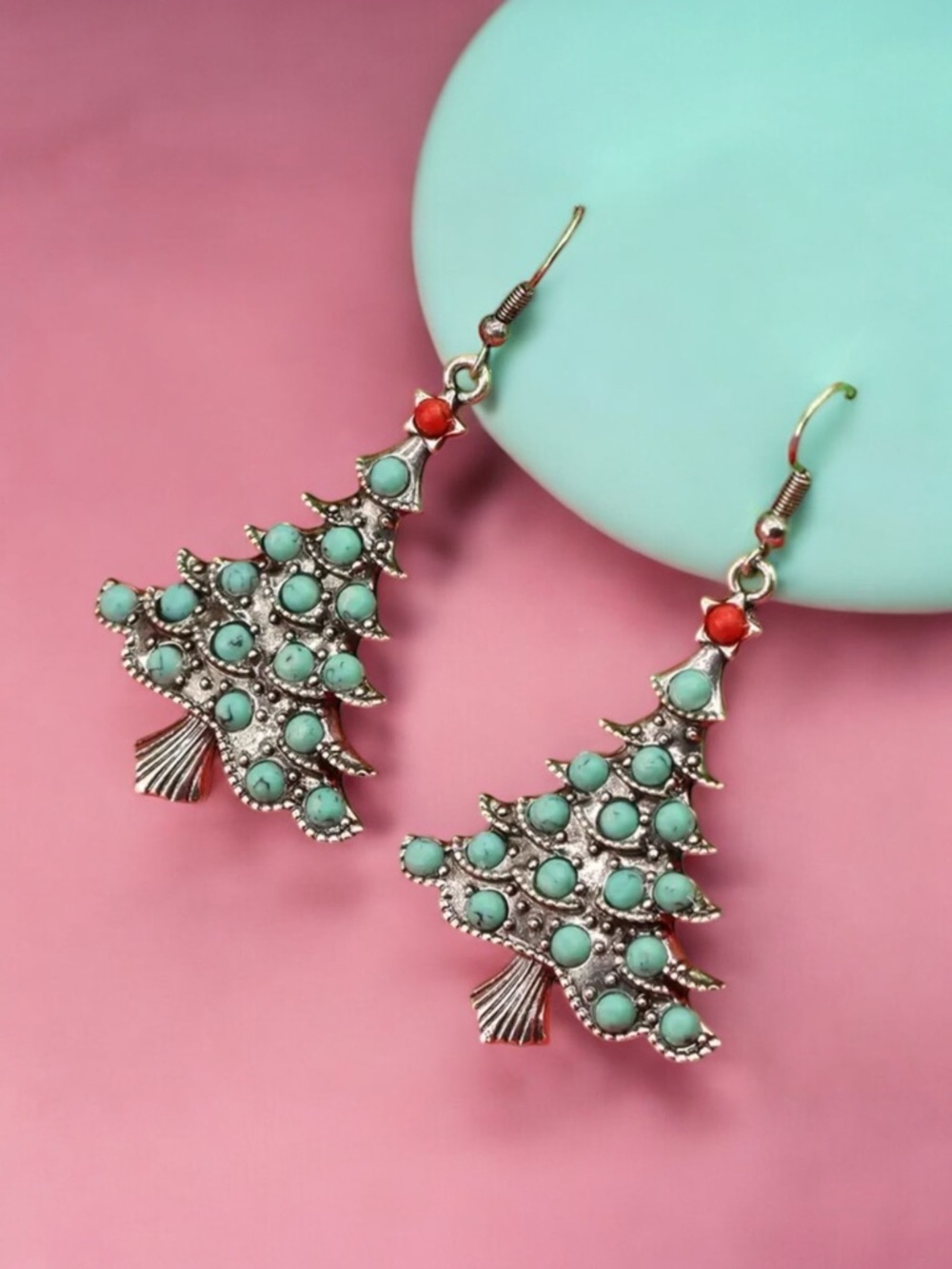 Silver Boho Chic Christmas Tree Turquoise Inlaid Holiday Dangle Festive Earrings